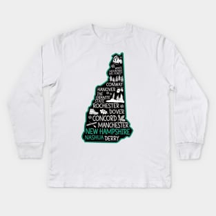 New Hampshire Nashua cute map Conway Hanover Rochester Dover Manchester The Granite State Kids Long Sleeve T-Shirt